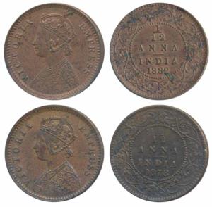Victoria Empress, Copper 1/12 Anna, 1878, Calcutta Mint (Prid 787); 1882, Calcutta Mint (P