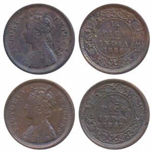 Victoria Empress, Copper ½ Pice, 1886 & 1887, Calcutta Mint (Prid 718 & 719). Extremely Fi