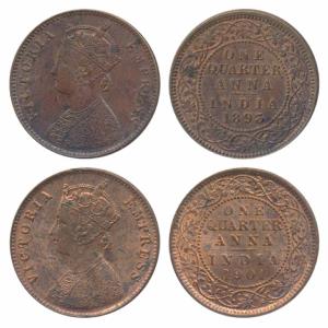 Victoria Empress, Copper ¼ Anna, 1893, Calcutta Mint (Prid 626); 1901, Calcutta Mint (Prid