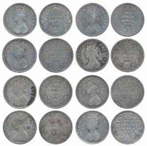 Victoria Queen & Empress, Silver 2 Annas (8), 1862, 1874, 1875,1876, 1878, 1880, 1881,1882
