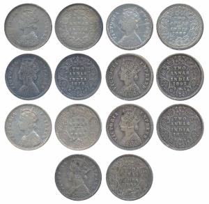 Victoria Empress, Silver 2 Annas (7), 1877, 1878, 1884, 1889, 1892, 1893, 1901. Fine to Ve