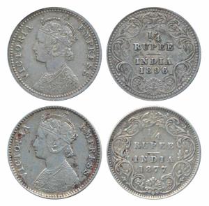 Victoria Empress, Silver ¼ Rupee (2), 1877, Calcutta Mint, B / I / No mint mark (Prid 382)