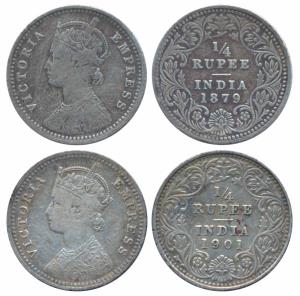 Victoria Empress, Silver ¼ Rupee (2), 1879, Calcutta Mint, C / II / C incuse (Prid 384); 1