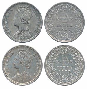 Victoria Empress, Silver ¼ Rupee (2), 1885, Calcutta Mint, C / II / C incuse (Prid 390); 1