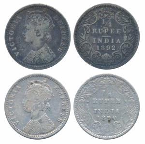 Victoria Empress, Silver ¼ Rupee (2), 1890, Bombay Mint, C / II / B incuse (Prid 424); 189