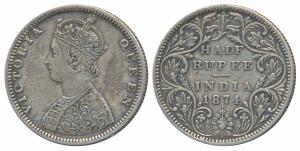 Victoria Queen, Silver ½ Rupee, 1874, Bombay Mint, B1 / II / dot, (Prid 284). Very Fine+, 