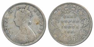 Victoria Empress, Silver ½ Rupee, 1884, Bombay Mint, A / II / dot, (Prid 292). Fine+.
