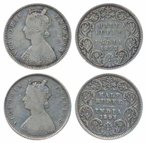Victoria Empress, Silver ½ Rupee (2), 1892, Bombay Mint, A / I / B incuse (Prid 302); 1893