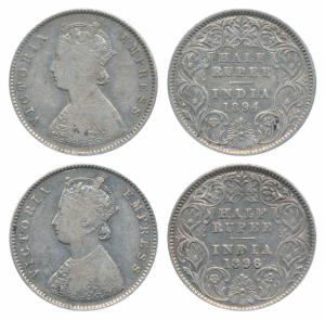 Victoria Empress, Silver ½ Rupee, 1894, Calcutta Mint, A / I / C incuse (Prid 278); 1896, 
