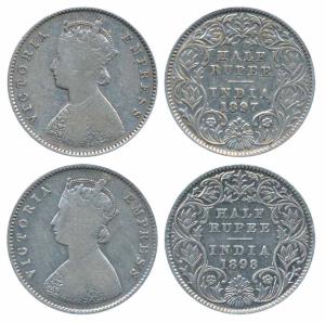 Victoria Empress, Silver ½ Rupee, 1897, Calcutta Mint, A / I / C incuse (Prid 280); 1898, 