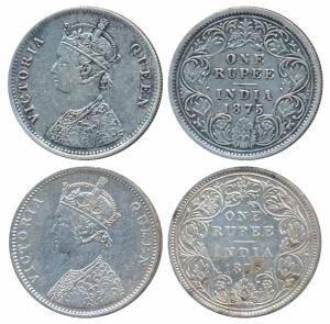 Victoria Queen, Silver Rupee (2), 1875, Calcutta Mint, A1 / I / no mint mark (Prid 113); 1