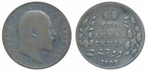 Edward VII, Silver 2 Annas, 1909, Calcutta Mint (Prid 562). Fine+.