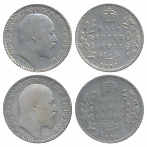 Edward VII, Silver ½ Rupee (2), 1907 & 1908, Calcutta Mint (Prid 311 & 312). About Very Fi