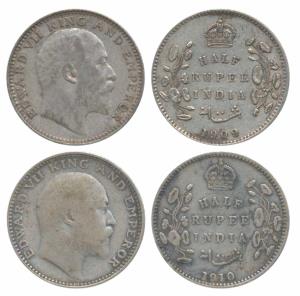 Edward VII, Silver ½ Rupee (2), 1909 & 1910, Calcutta Mint (Prid 313 & 314). Fine+ and Ver