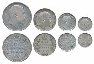 Edward VII, set of 4, Silver Rupee, ½, ¼ and 2 Annas, 1906. About Very Fine to Very Fine+.