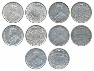 George V, Silver ¼ Rupee (5), 1916, 1917 & 1934 Calcutta Mint (Prid 445, 446 & 452); 1925 