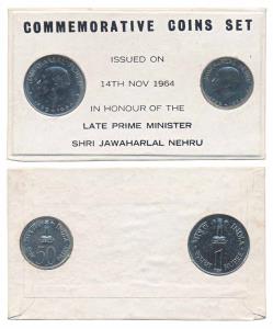 1964 Uncirculated set, Birth Anniversary of Jawaharlal Nehru, set of 2, 50 Paise and 1 Rup