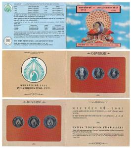 1991 Uncirculated Set, India Tourism Year, set of 3, Rupee 1, 2 & 5. In immaculate conditi