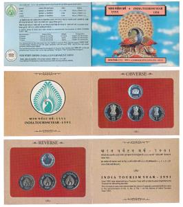 1991 Proof Set, India Tourism Year, set of 3, Rupee 1, 2 & 5. In immaculate condition, wit