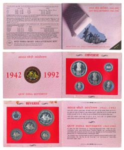 1992 Proof Set, Quit India Movement, set of 4, Rupee 1, 10, 50 & 100. In immaculate condit