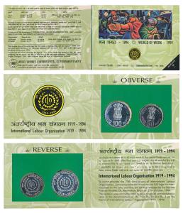 1994 Uncirculated Set, World of work, set of 2, Rupees 50 and 100. In immaculate condition