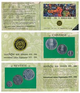 1994 Uncirculated Set, World of work, set of 3, Rupees 5 to 100. In immaculate condition, 