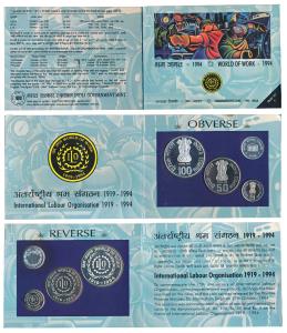 1994 Proof Set, World of work, set of 3, Rupees 5 to 100. In immaculate condition, within 