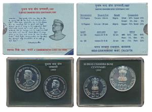 1997 Uncirculated Set, Subhas Chandra Bose Centenary, set of 2, Rupees 50 and 100. In imma