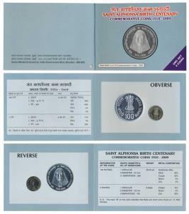 2009 Uncirculated Set, Saint Alphonsa Birth Centenary, set of 2, Rupees 5 and 100. In imma