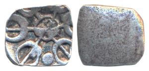 Archaic Punch Marked Coinage, attributed to Gandhara Janapada, Silver ½ Shana, 0.47g, obv.