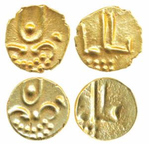 Vira Raya, Coorg, Gold Fanam (2), each 0.38g, obv. stylized lion standing right with cresc