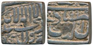 Akbar, Silver Square Rupee, 11.33g, Dar-ul-Sultanate Ahmedabad Mint, AH 998, Kalima type (