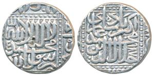 Akbar, Silver Rupee, 11.30g, Mint off flan but stylization that of Ahmedabad Mint, AH 987,