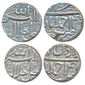 Akbar, Silver Rupee (2), 11.40g, Ahmedabad Mint, Ilahi type, Month Tir, Year 45; Month Khu
