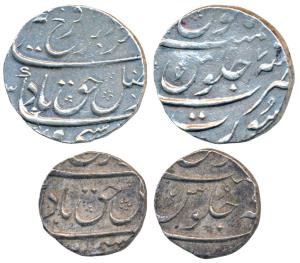 Farrukhsiyar, Silver Rupee & ½, 11.50g & 5.79g, Surat Mint, RY 7, complete mint name at bo