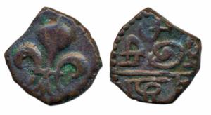 Pondicherry Mint, Copper Doudou, 4g, obv. fleur-de-lis, rev. mint name in Tamil (KM 35). V