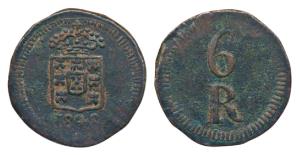 Goa, Maria II (1834-1853 AD), Copper 6 Reis, 3.75g, obv. crowned arms, rev. value within s