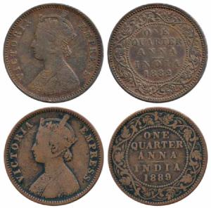 Victoria Empress, Copper ¼ Anna, 1882 and 1889. Fine+ and Very Fine+. (2)