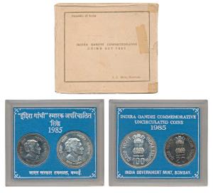 1985 Uncirculated Set, Death of Indira Gandhi, set of 2, Rupees 20 and 100. In near immacu