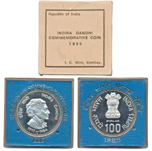 1985, Proof Set, Death of Indira Gandhi, Silver Rupees 100. In superb immaculate condition