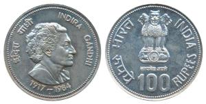 1985, Silver Rupees 100, Bombay Mint, Death of Indira Gandhi. Uncirculated, Rare.