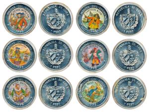 Cuba, Pirates of the Carribean series, Cupro-Nickle, 1 Peso (6), 1995, all coloured coins,