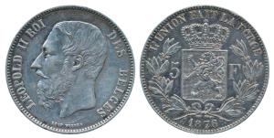 Belgium, Leopold II, Silver 5 Francs, 25g, 1876, obv. bust of the ruler facing left, rev. 