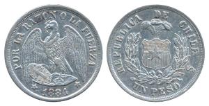 Chile, Silver Peso, 25g, 1881, obv. Andean condor with a claw on the shield and the date b