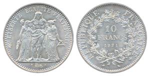 France, Third Republic, Silver 10 Francs, 25g, Paris Mint, 1971, obv. Hercules standing fa