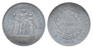 France, Third Republic, Silver 50 Francs, 30g, Paris Mint, 1977, obv. Hercules standing fa