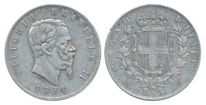 Italy, Vittorio Emanuele II, Silver 5 Lire, 24.77g, 1874 (KM 8.4). Very Fine+.