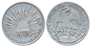 Mexico, Silver 8 Reales, 1858, 27.07g, eagle holding a snake in its beak (KM 377.10). Very