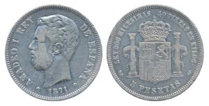 Spain, Amadeo I, Silver 5 Pesetas, 25g, 1871 (KM 666). About Very Fine.