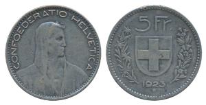 Switzerland, Silver 5 Francs, 25g, Bern Mint, 1923 (KM 37). Very Fine.
